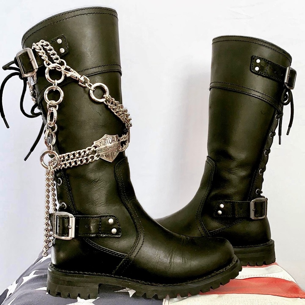 HARLEY-DAVIDSON Black Leather Lace Up Zip Tall Knee High Biker Moto Boots 6.5 - Picture 2 of 10
